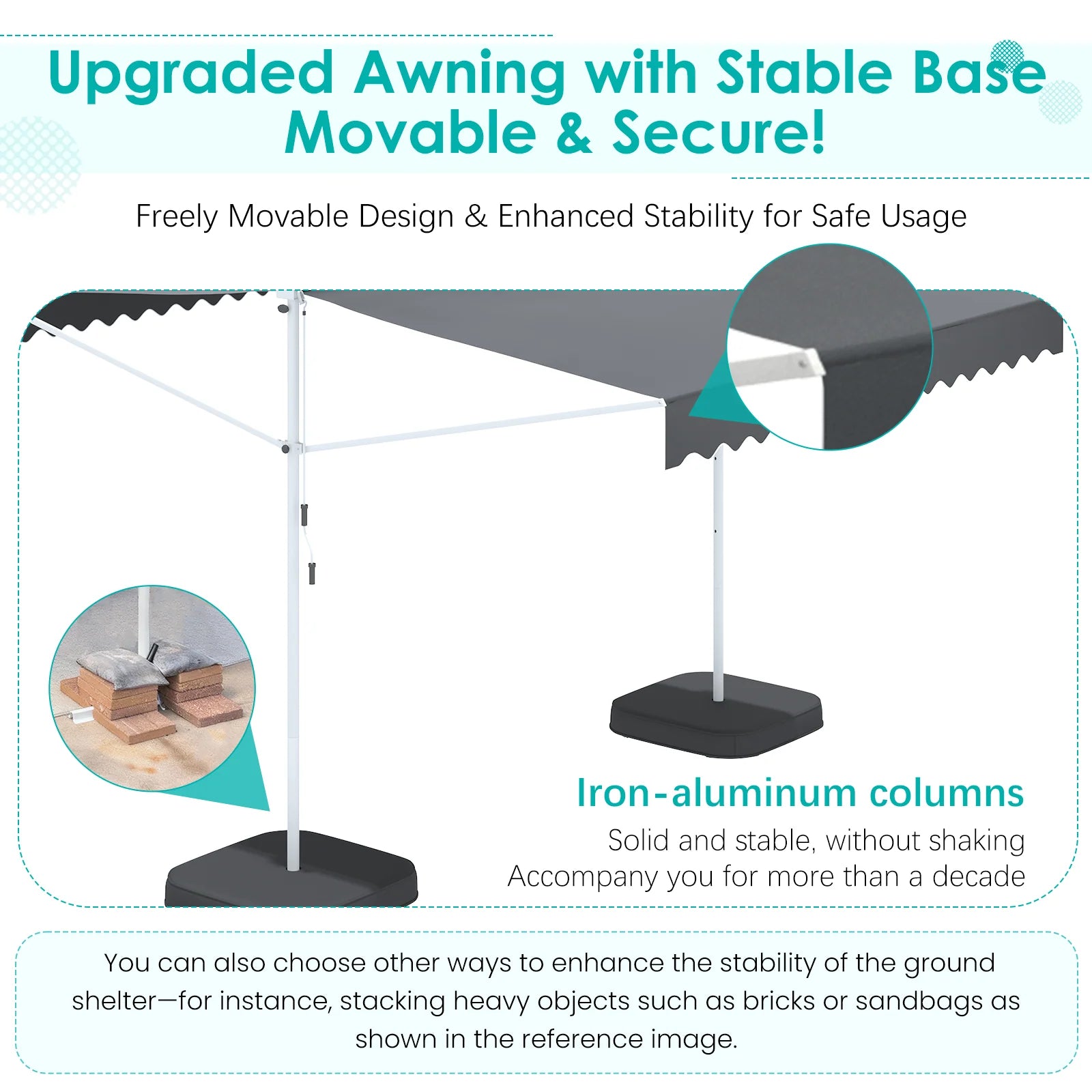 AECOJOY Free Standing Retractable Awning, 13'x10' Dual Side Patio Awnings Outdoor Manual Sun Shade Shelter, Dark Grey