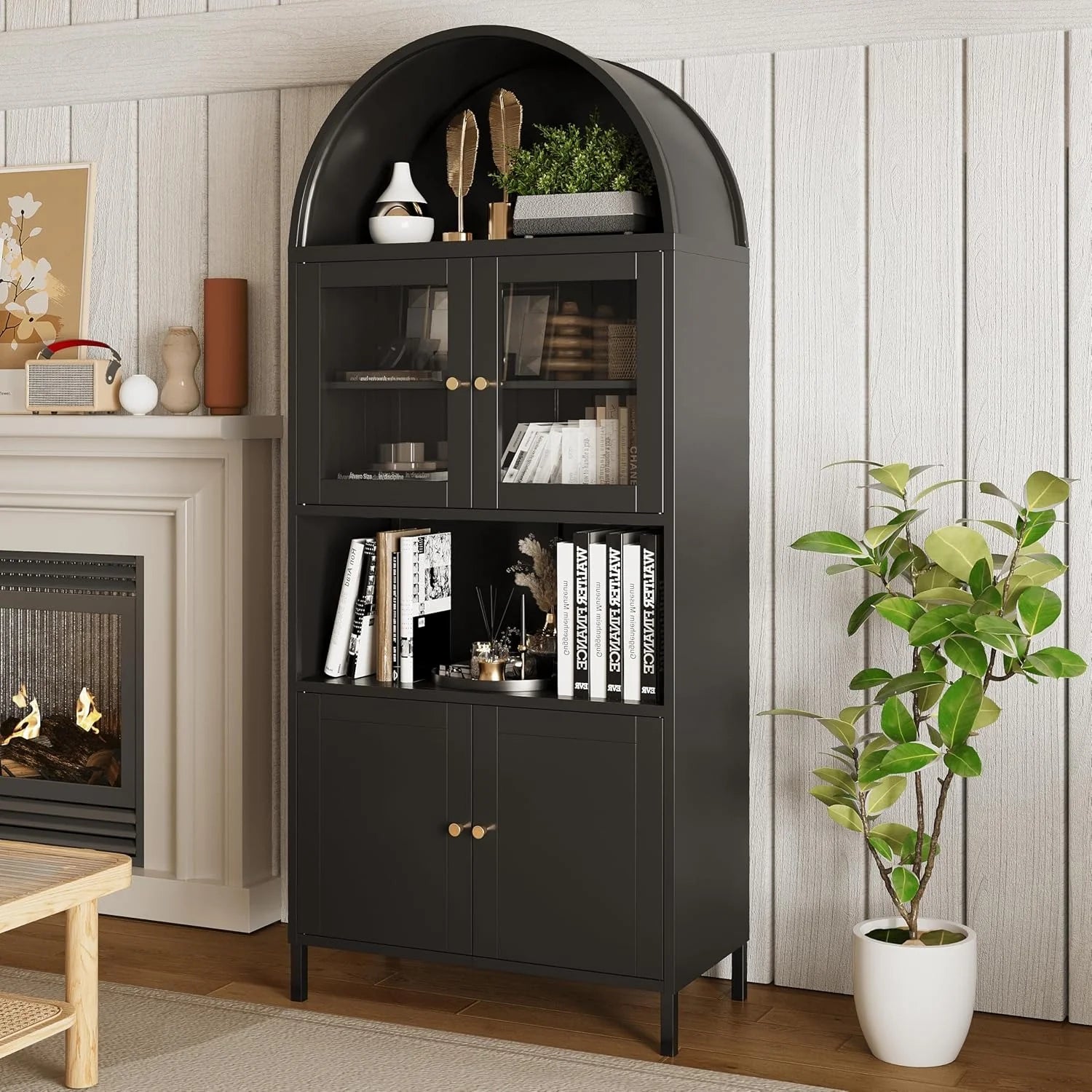 AECOJOY 73" Kitchen Pantry, Metal Arched Cabinet with Glass Door & Adjustable Shelves
