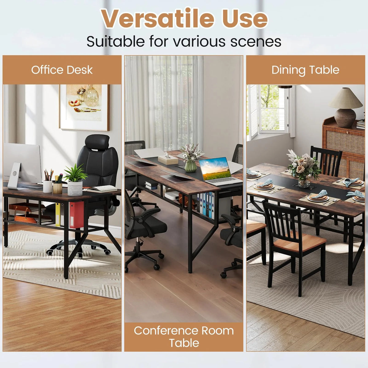 Tangkula Rectangular Meeting Table with Mesh Storage Shelf & Cable Grommet for 6-8 People