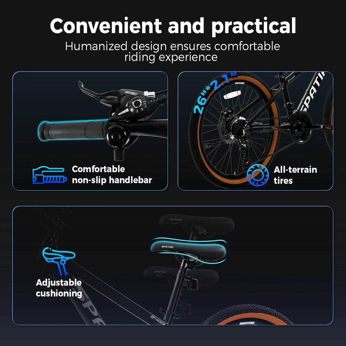 SPATIAL 24/26/27.5/29 in Mountain Bike, 8/21 Speed Lightweight Aluminum Magensium Frame Mountain Bicycle, Fits Men Women Teenagers Adult Disc Brake MTB Bicycle