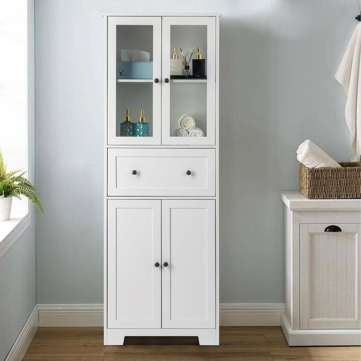 Ktaxon 64" Tall Bathroom Storage Cabinet Organizer, Freestanding Kitchen Pantry Cabinet Line Tower with 2 Glass Doors, Large Drawer & 4 Adjustable Shelves for Dining Room Living Room Home Office, White