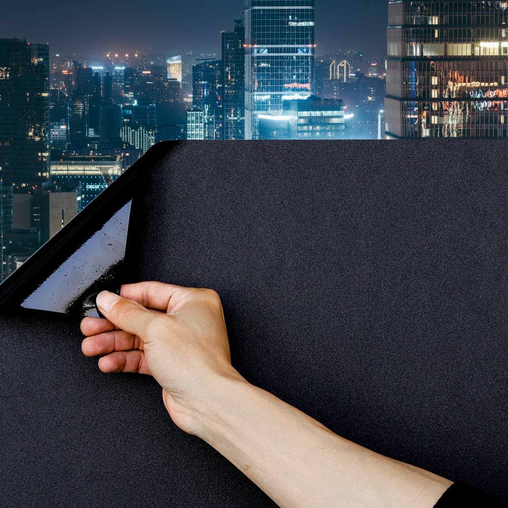 Decorfun Static Cling Total Blackout Window Film 100% UV Blocking Window Darkening Film Black Opaque Privacy Window Tint Removable Plastic Glass Covering