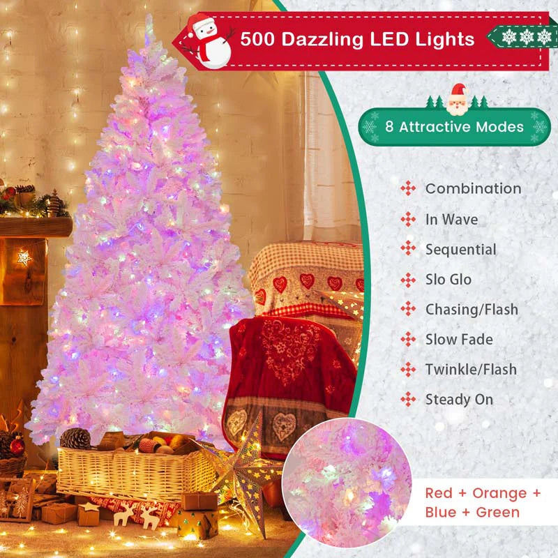 7 FT Pre-lit Pink Artificial Christmas Tree, Hinged Snow Flocked Holiday Tree with 1200 Tips, 500 Multi-Color LED Lights & 8 Modes for Home Decor