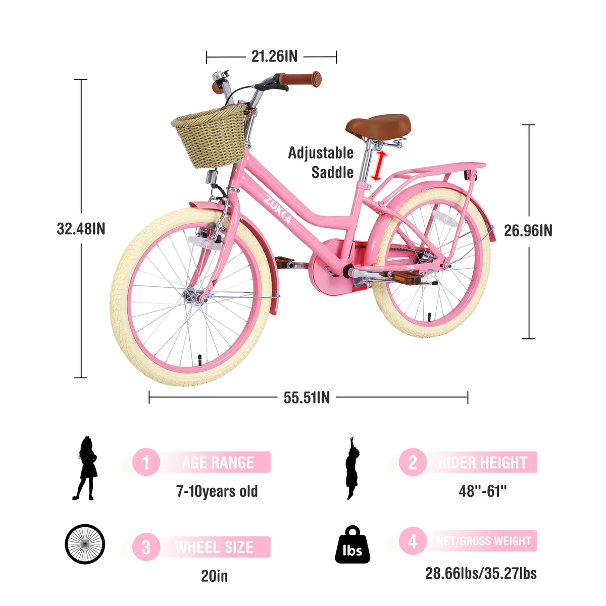 20" Kids Bike Girls Bike with Basket Single Speed Steel Frame Children Bicycle for 7 - 10 Years, Pink