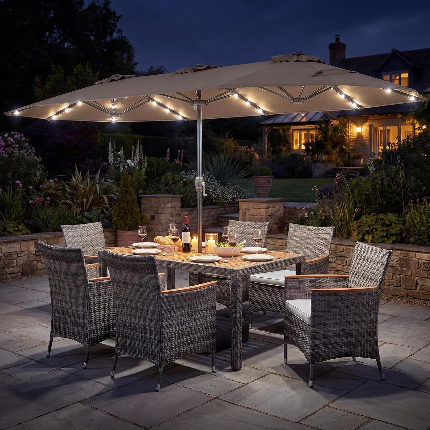 Tangkula 9 Pieces Rattan Outdoor Dining Set with 13Ft Solar Patio Umbrella