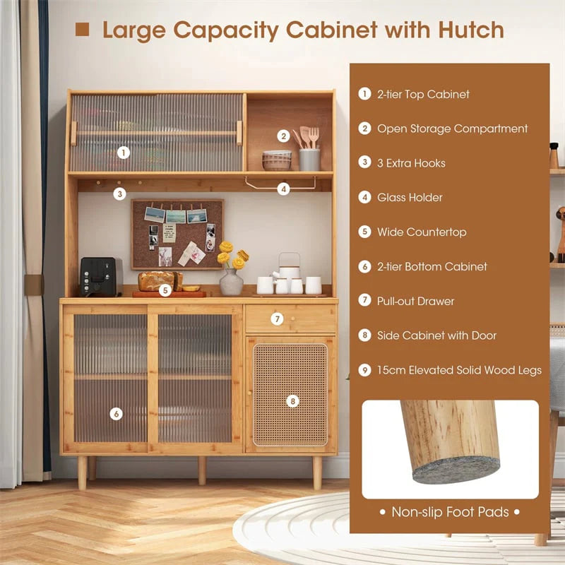 69" Tall Bamboo Kitchen Pantry Hutch Cabinet, Freestanding Buffet Sideboard with Rattan Door, Wine Storage & Microwave Countertop for Coffee Bar