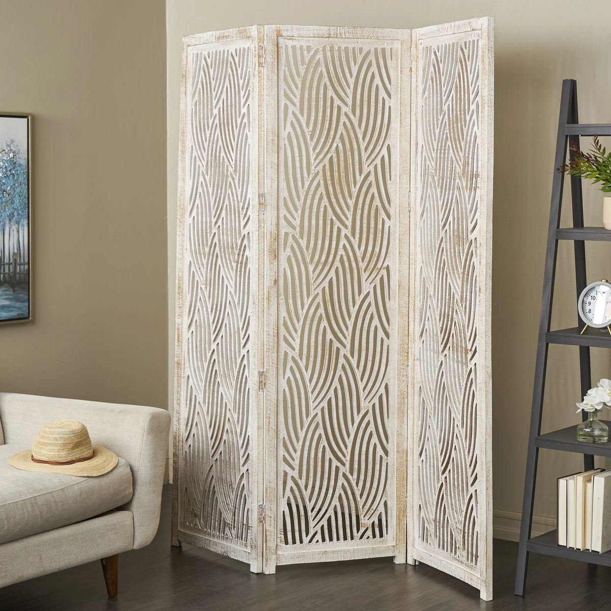 Decmode 60" x 72" Black Mango Wood Abstract Wavy Cutout 3 Panel Room Divider Screen, 1 - Piece