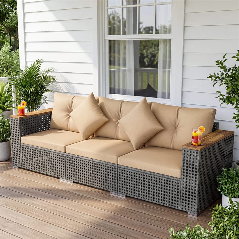 86.5" 3-Seat Patio Wicker Sofa, 3PCS Modular PE Rattan Sectional Furniture Set with Cup Holders & Wood Armrests, Outdoor Couch for Garden Yard