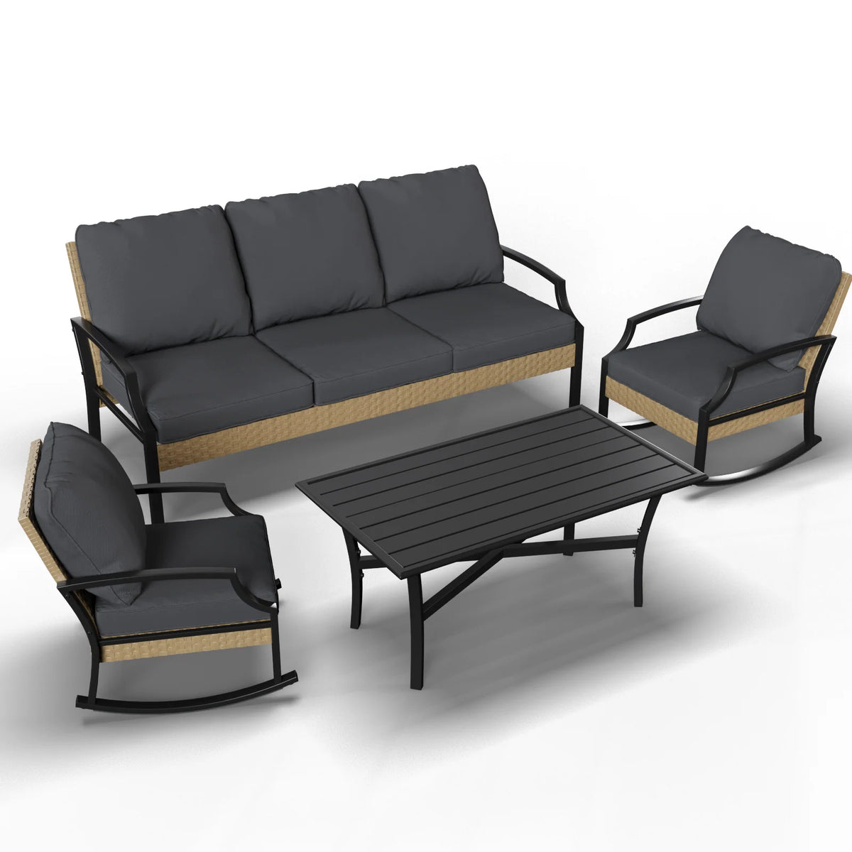 AECOJOY Outdoor Patio Furniture Set with Rocking Chair, 4 Piece Rattan Conversation Bistro Set with Coffee Table, Gray