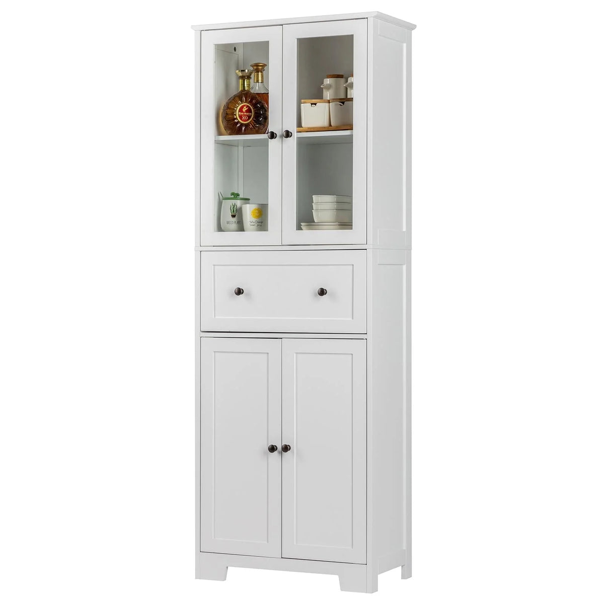 Ktaxon 64" Tall Bathroom Storage Cabinet Organizer, Freestanding Kitchen Pantry Cabinet Line Tower with 2 Glass Doors, Large Drawer & 4 Adjustable Shelves for Dining Room Living Room Home Office, White