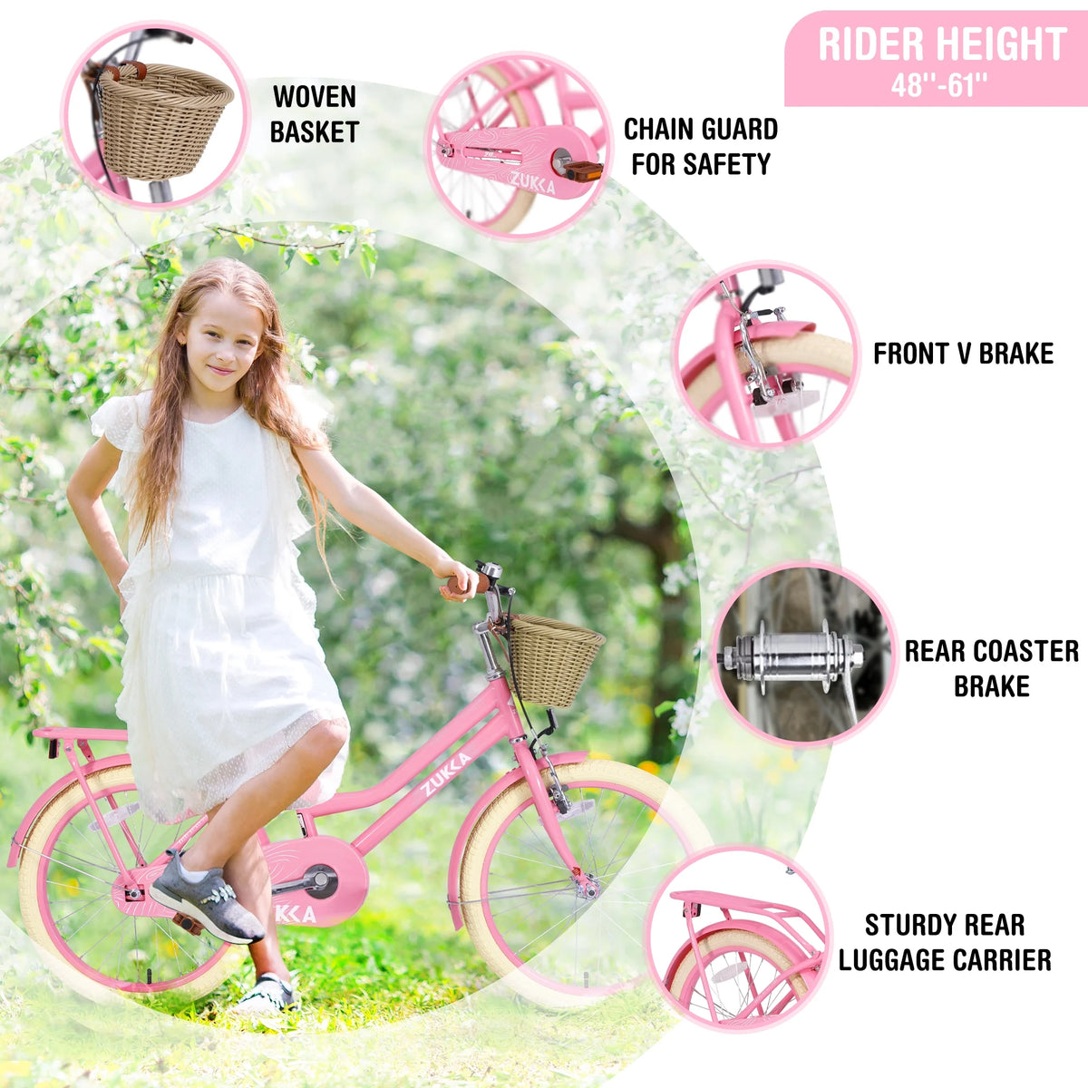 20" Kids Bike Girls Bike with Basket Single Speed Steel Frame Children Bicycle for 7 - 10 Years, Pink