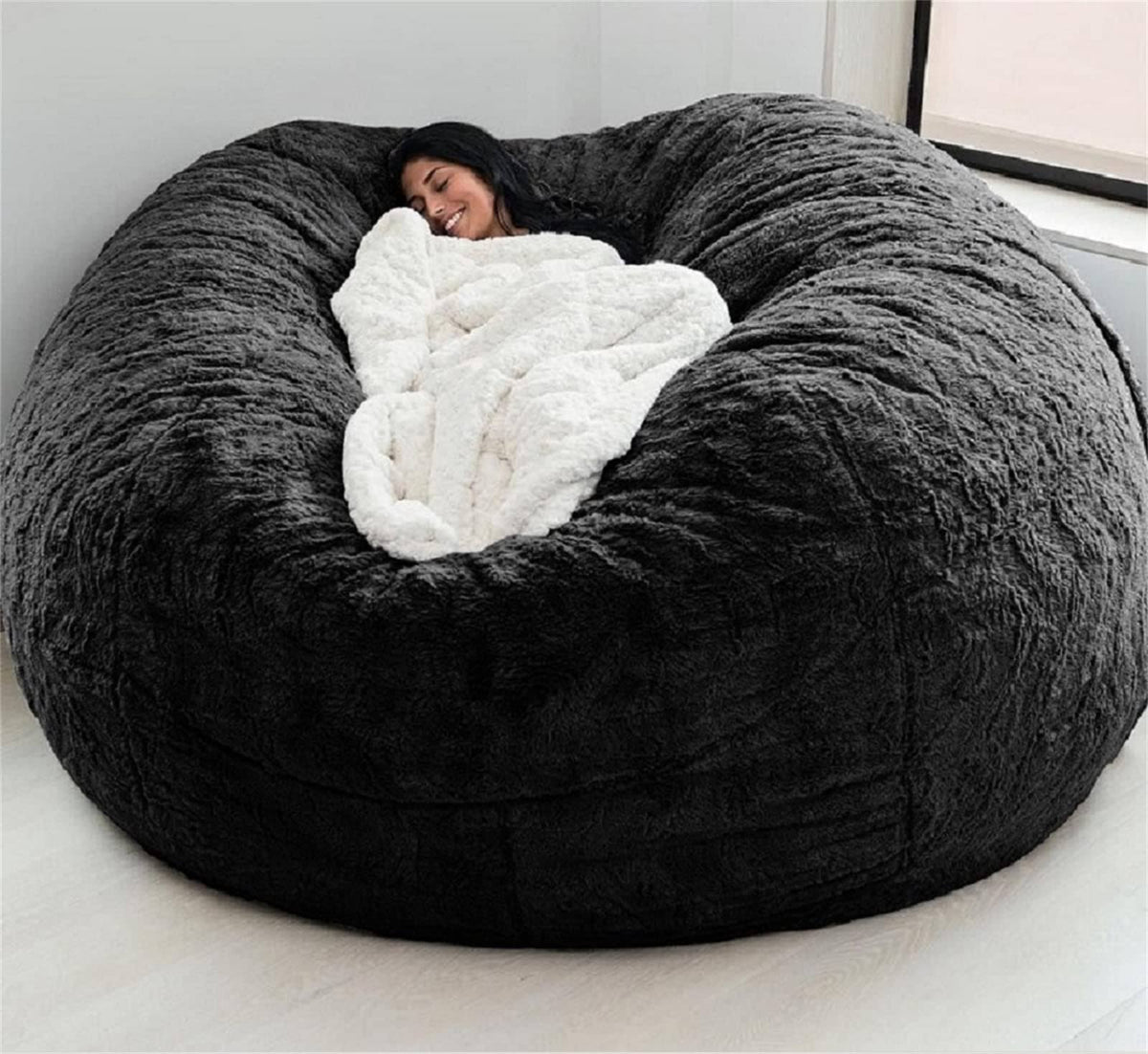 deladola 7ft Bean Bag Cover(No Filler,Cover Only) Big Storage Sofa Chair Soft Fluffy Fur Portable Living Room Sofa Bed Cover (Black)