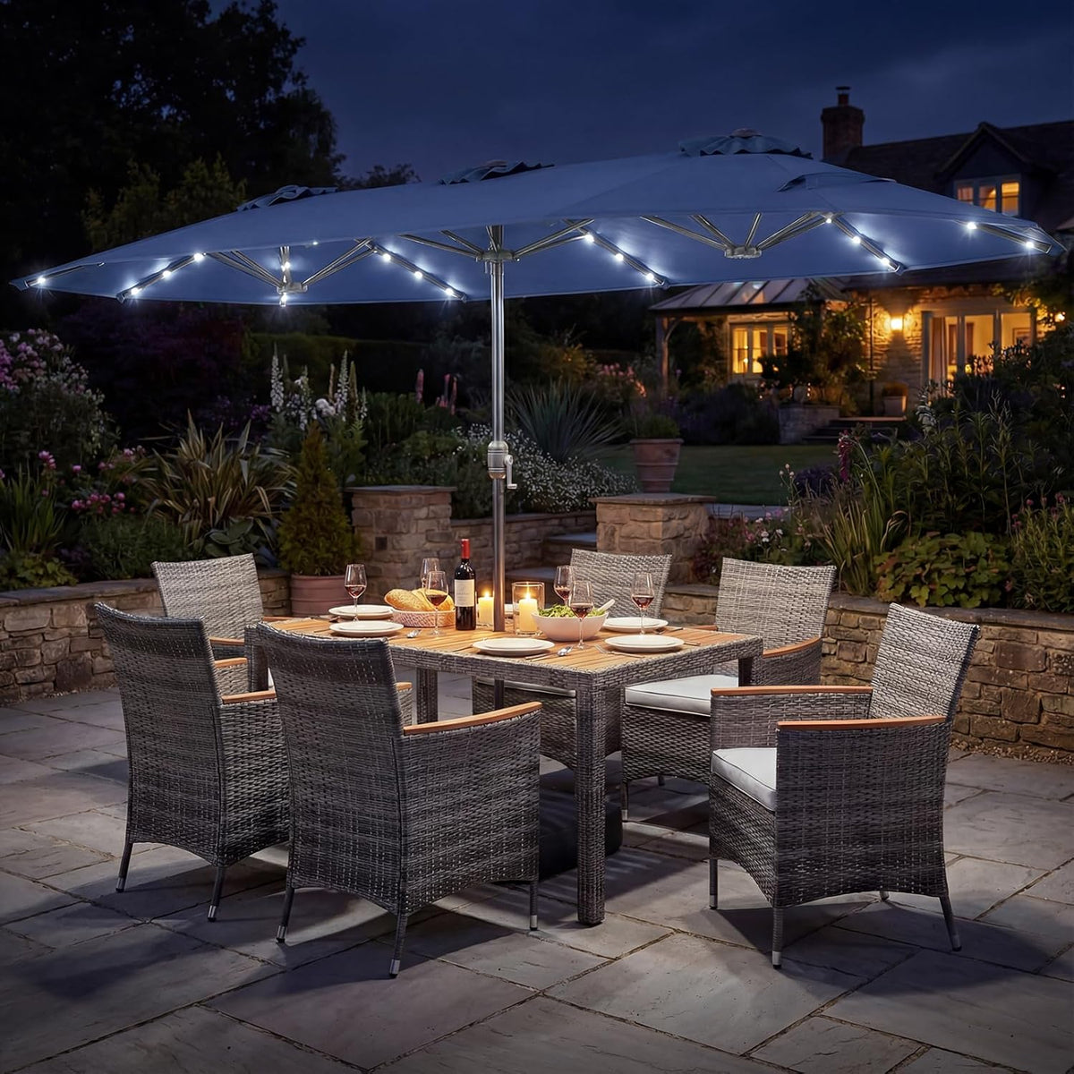 Tangkula 9 Pieces Rattan Outdoor Dining Set with 13Ft Solar Patio Umbrella