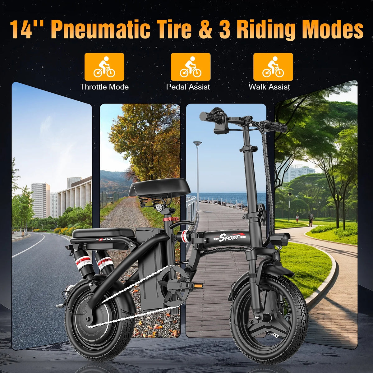 ASKGO 1200W Peak Motor, Folding Electric Bike for Adults Teens, 14'' Commuting Bike, Max 28MPH/35 Miles E - Bike, 3 Speed Double Mini Electric Bike, UL2849