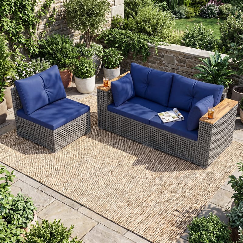 86.5" 3-Seat Patio Wicker Sofa, 3PCS Modular PE Rattan Sectional Furniture Set with Cup Holders & Wood Armrests, Outdoor Couch for Garden Yard