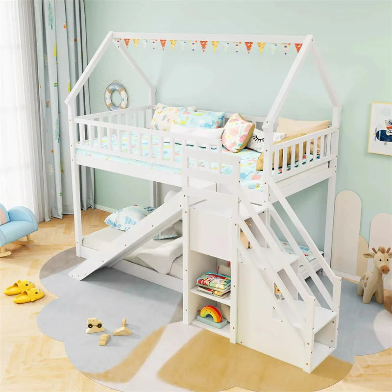 Twin Over Twin Bunk Bed House Design with Slide, Staircases & Storage Compartments, No Box Spring Needed, Wood Twin Floor Bed for Kids Teens