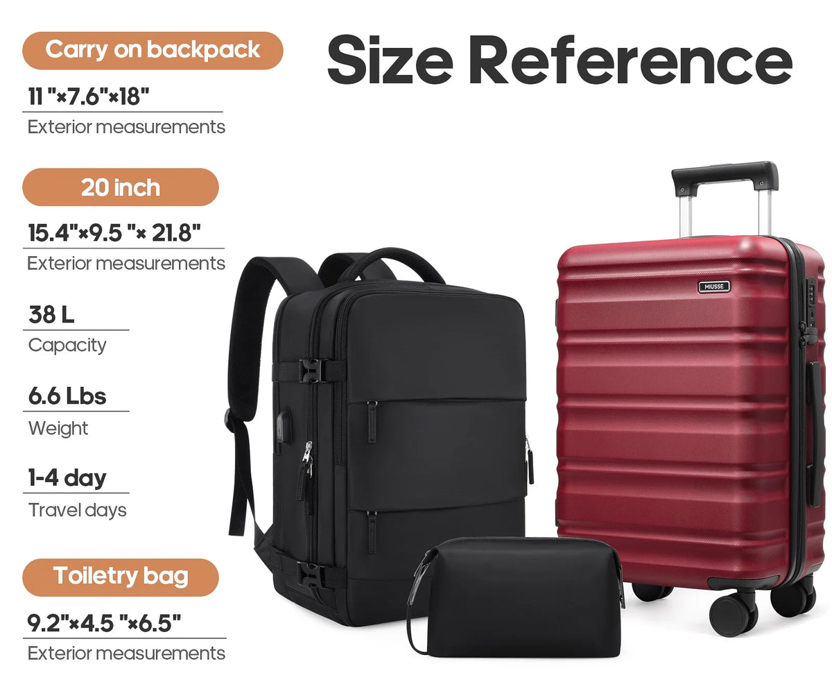 MIUSSE Luggage Sets 3 Piece, 20 in Carry on Luggage with Wheels, 100% PC Hardshell Suitcase with TSA Lock, Carry on Suitcases Airline Approved with Travel Backpack for Men Women