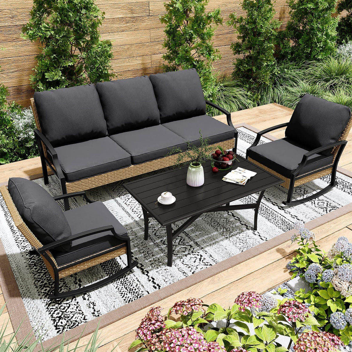 AECOJOY Outdoor Patio Furniture Set with Rocking Chair, 4 Piece Rattan Conversation Bistro Set with Coffee Table, Gray