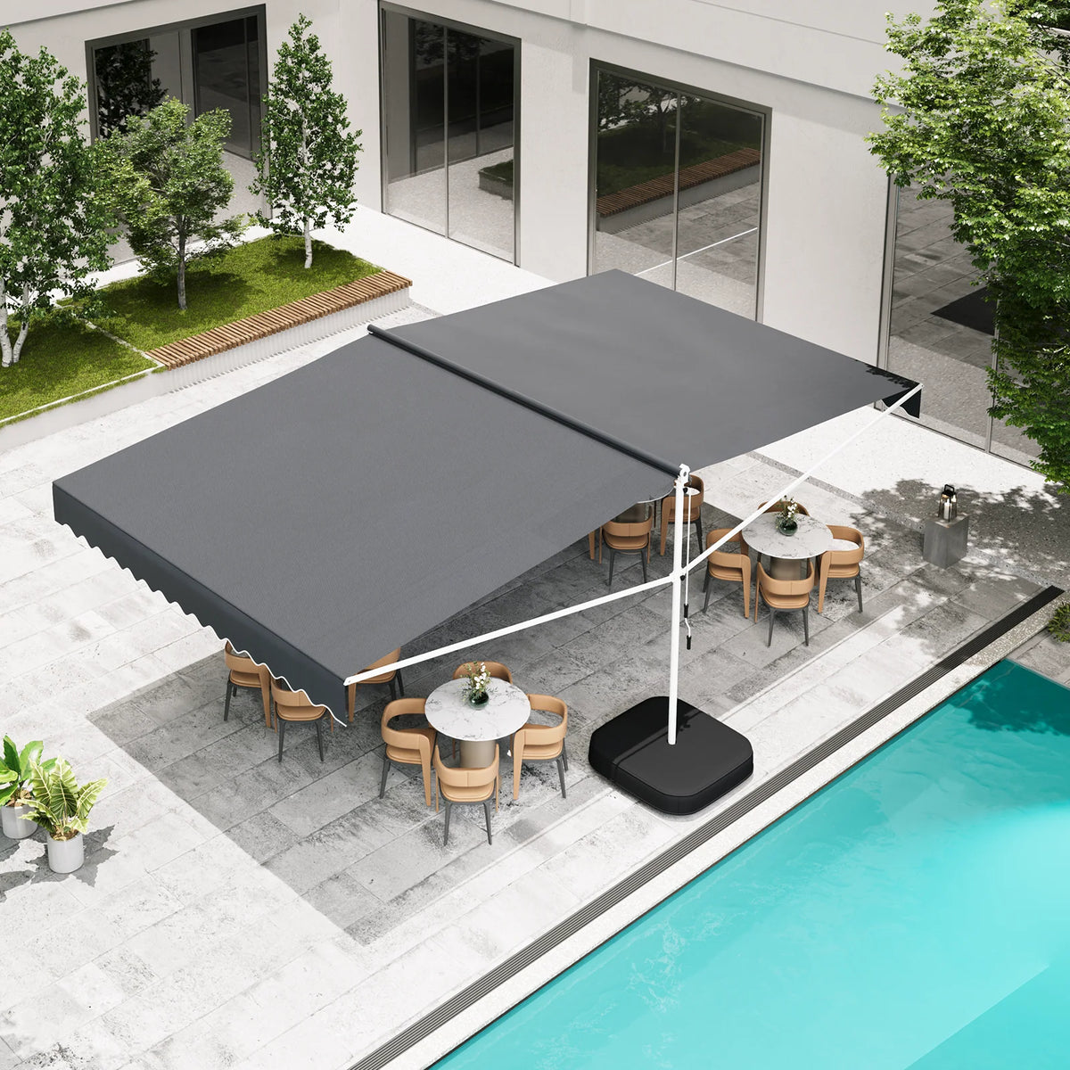 AECOJOY Free Standing Retractable Awning, 13'x10' Dual Side Patio Awnings Outdoor Manual Sun Shade Shelter, Dark Grey