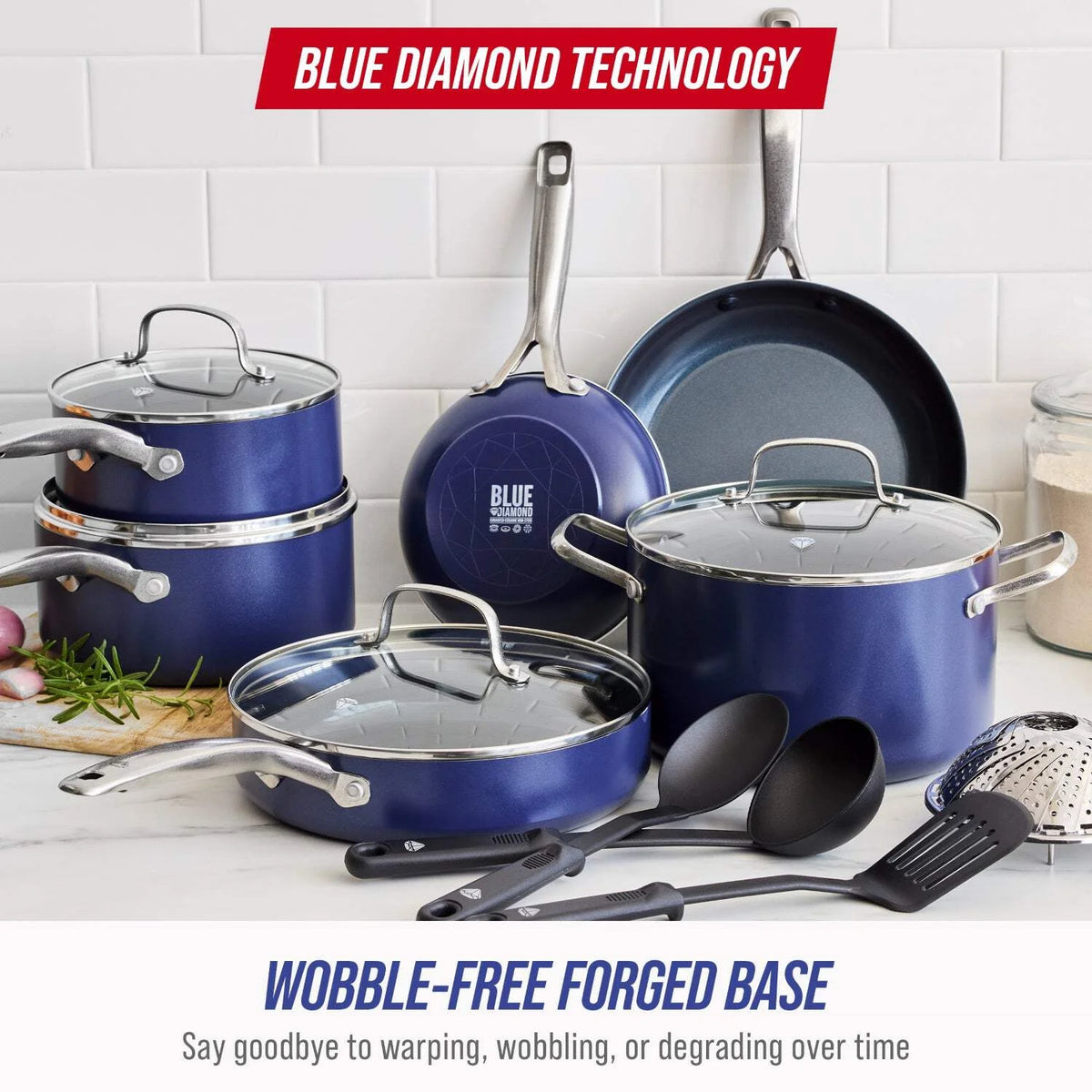 Blue Diamond 14 Piece Cookware Set, Diamond Infused Ceramic Healthy Nonstick, Blue