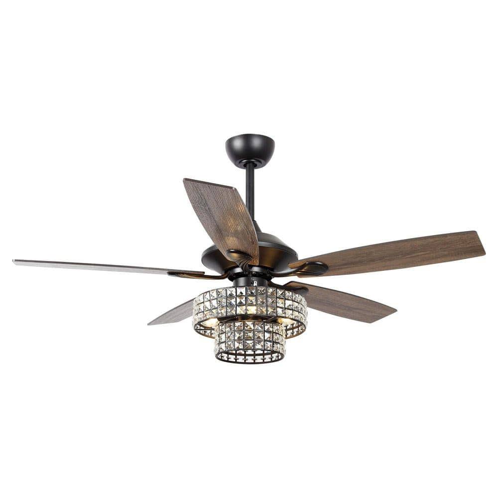 Parrot Uncle F6215BK110V Rafferty 52 in. Modern Indoor Black Dual Crystal Ceiling Fan with Remote and Light Kit