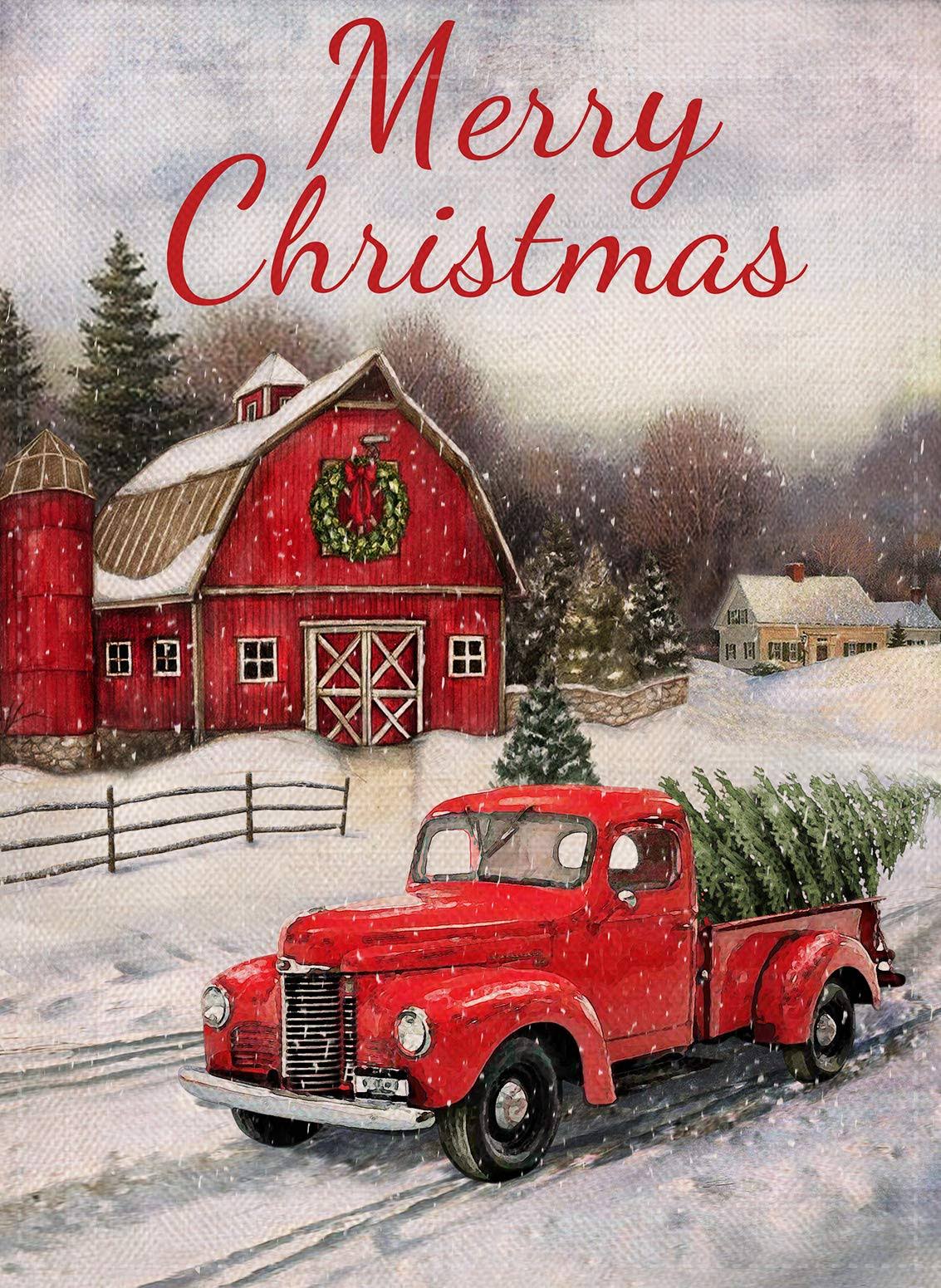Selmad Home Decorative Merry Christmas Garden Flag Red Truck Double Sided, Winter Rustic Quote House Yard Flag Xmas Pickup, Outside Holiday Yard