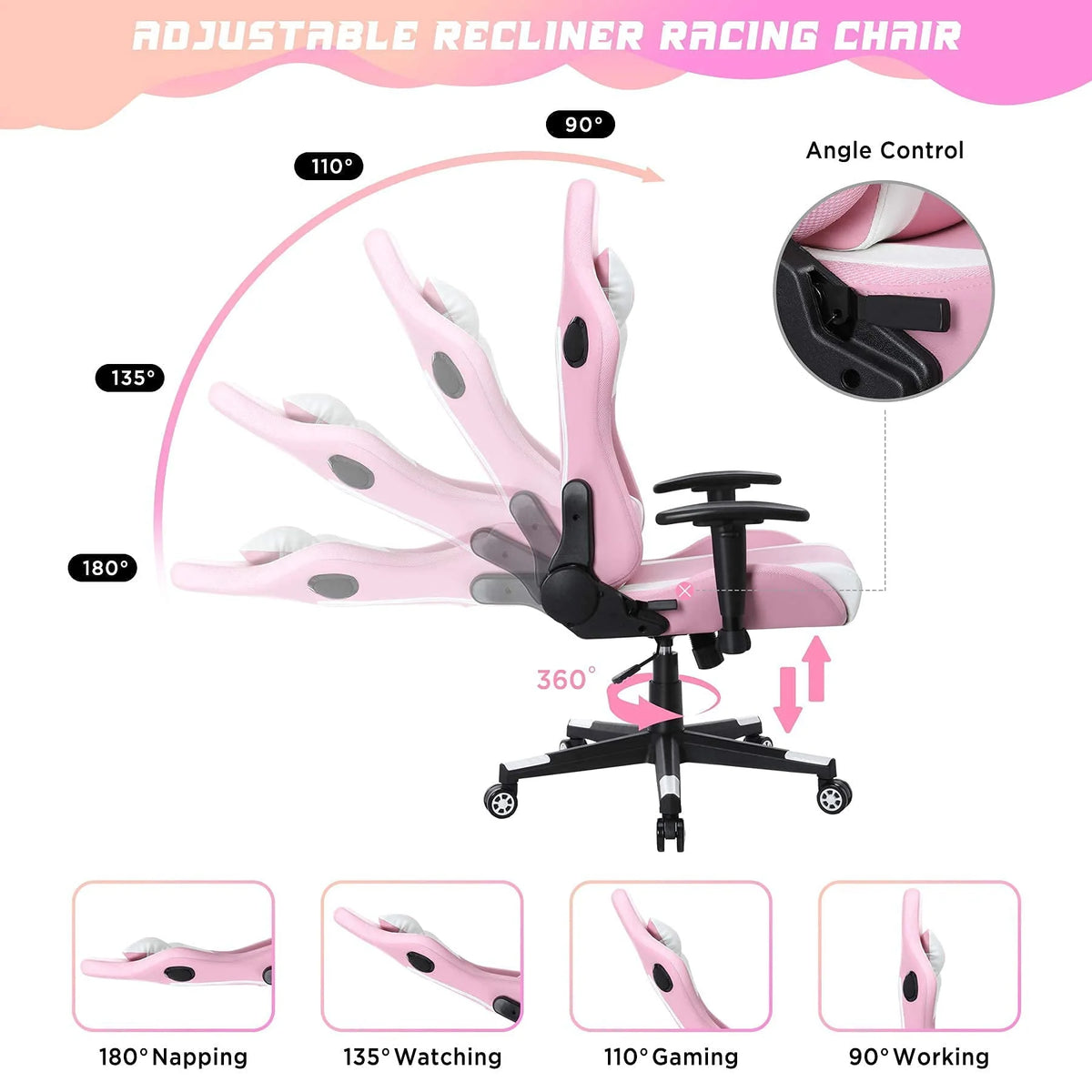 Homemiyn Gaming Chair with Speakers Video and RGB LED Lights, Pink PU Leather Ergonomic Racing Office Chair