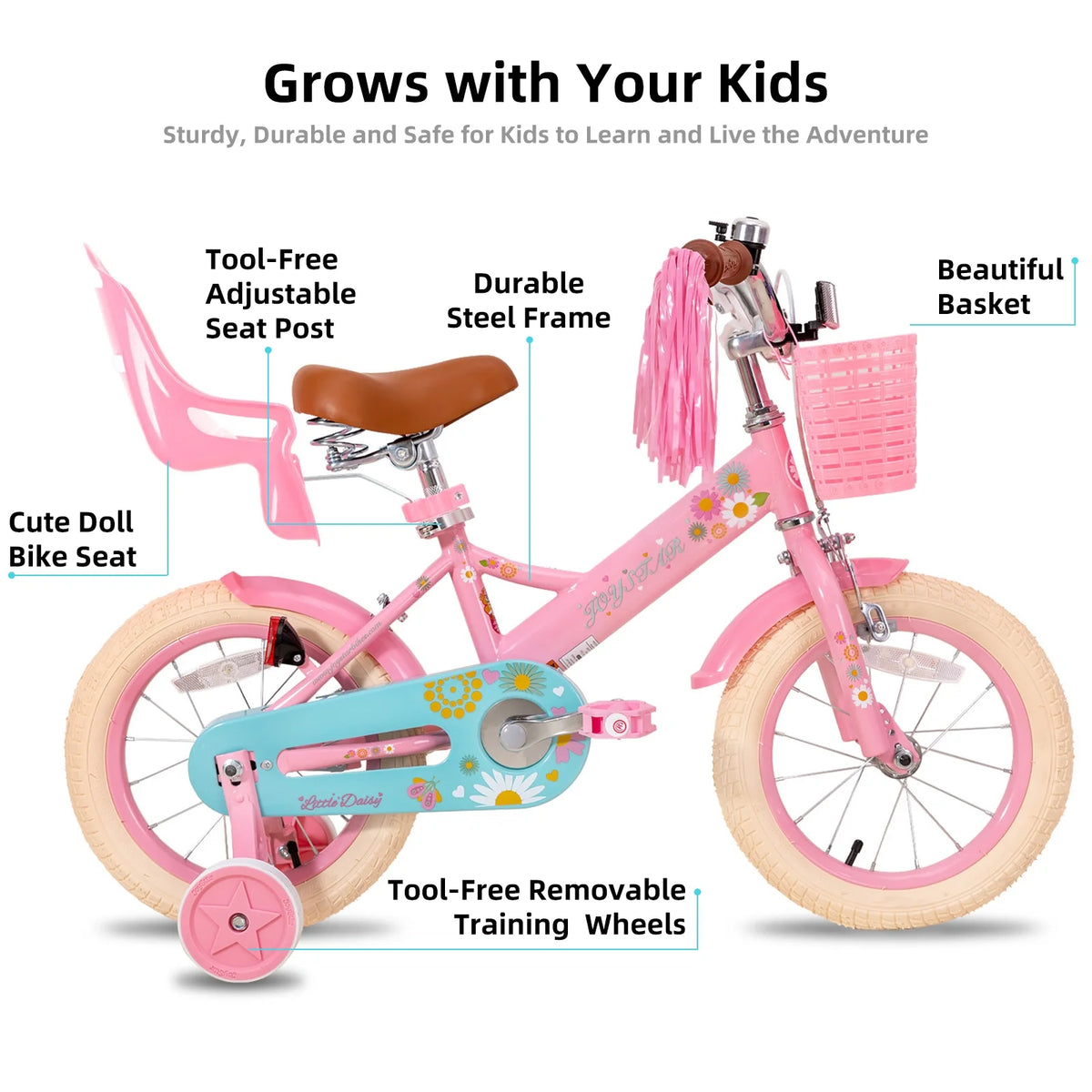 JOYSTAR Little Daisy 14 in Kids Bike for 3 4 5 Years Girls with Handbrake Children Princess Bicycle with Training Wheels Basket Streamer Toddler Cycle Bikes Blue
