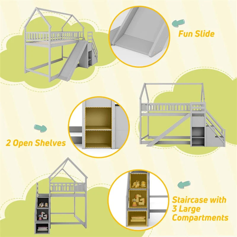 Twin Over Twin Bunk Bed House Design with Slide, Staircases & Storage Compartments, No Box Spring Needed, Wood Twin Floor Bed for Kids Teens