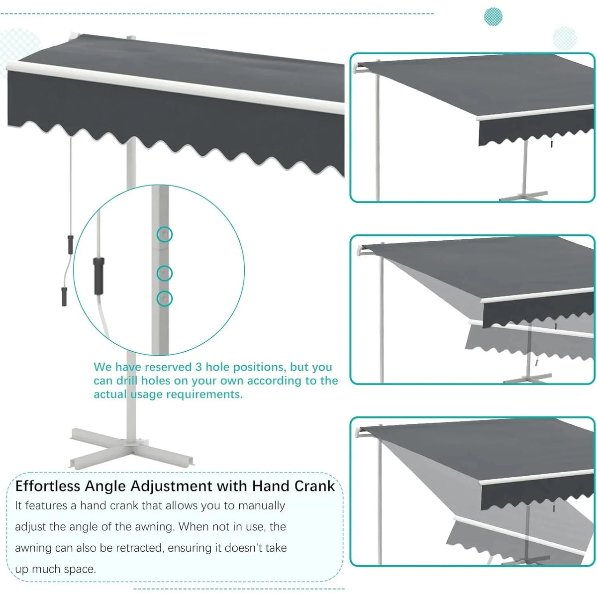 AECOJOY Free Standing Retractable Awning, 10'x8' Patio Awnings Outdoor Manual Sun Shade Shelter, Dark Grey