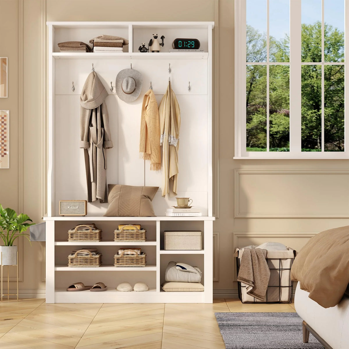 Lofka 5 - in - 1 Hall Tree with Bench and Shoe Storage, Entryway Hall Tree with Coat Rack, Adjustable Shoe Storage, 2 - Tier Top Storage, White