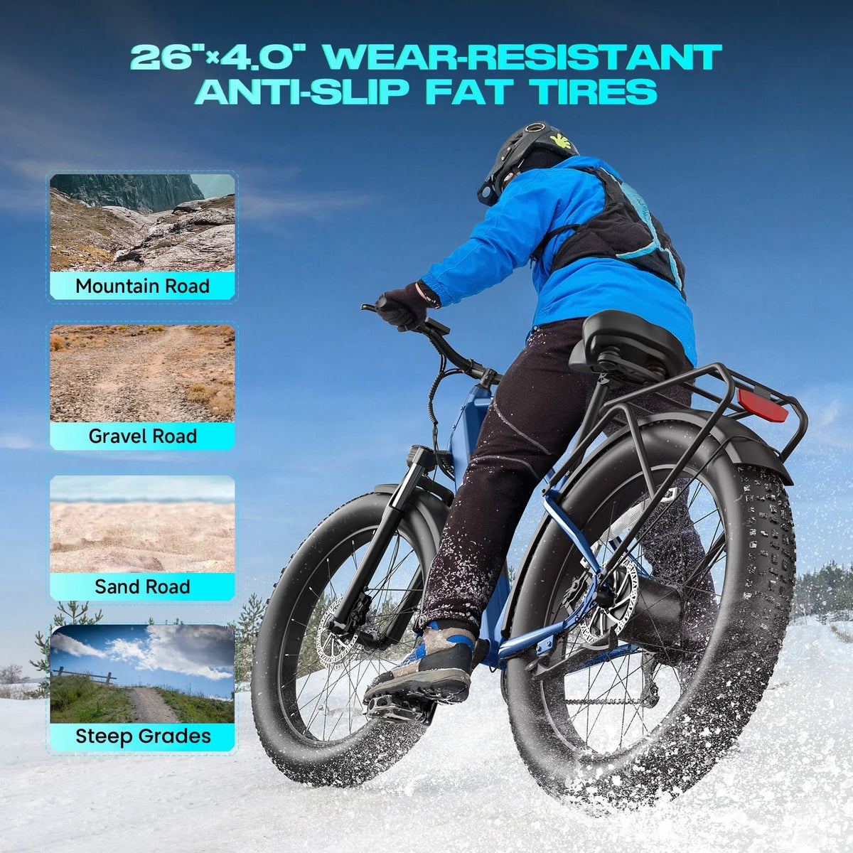 Gocio Electric Bike, 26"x4.0" Fat Tire E - Mountain Bike, Peak 1000W Motor, 28MPH 48V 15ah Battery Removable Ebike for Off Road, Sand, UL2849