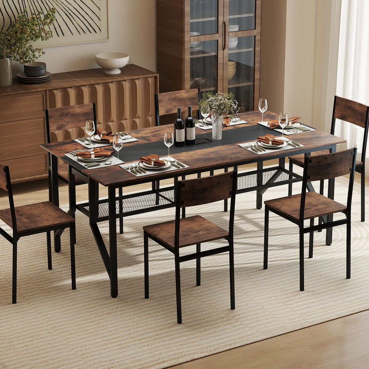 Tangkula Rectangular Meeting Table with Mesh Storage Shelf & Cable Grommet for 6-8 People