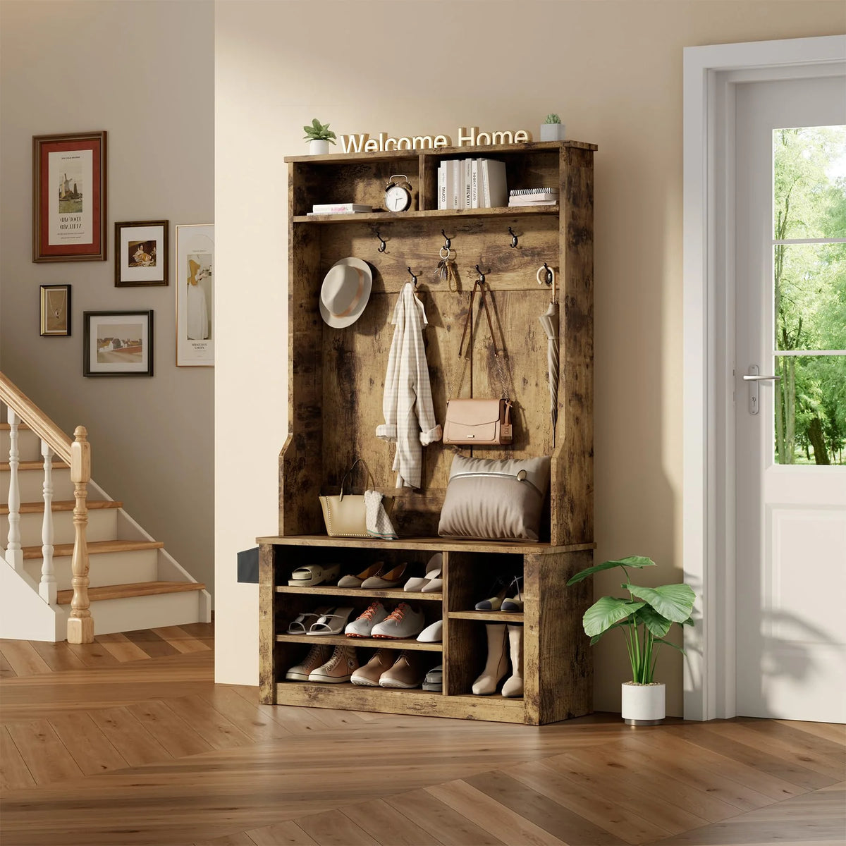 Lofka 5 - in - 1 Hall Tree with Bench and Shoe Storage, Entryway Hall Tree with Coat Rack, Adjustable Shoe Storage, 2 - Tier Top Storage, White