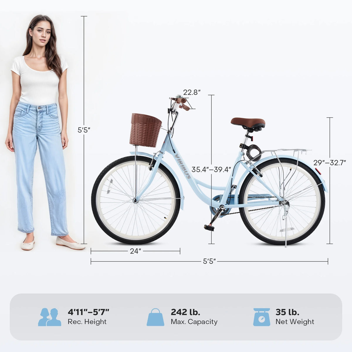 Viribus Women'S Comfort Bike 24 in Beach & City Cruiser Bicycle with Basket Rack White