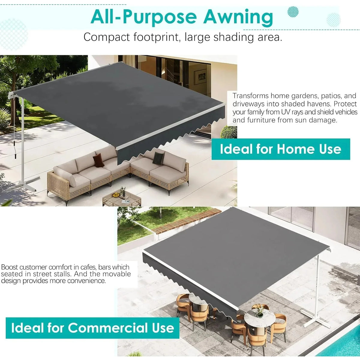 AECOJOY Free Standing Retractable Awning, 10'x8' Patio Awnings Outdoor Manual Sun Shade Shelter, Dark Grey