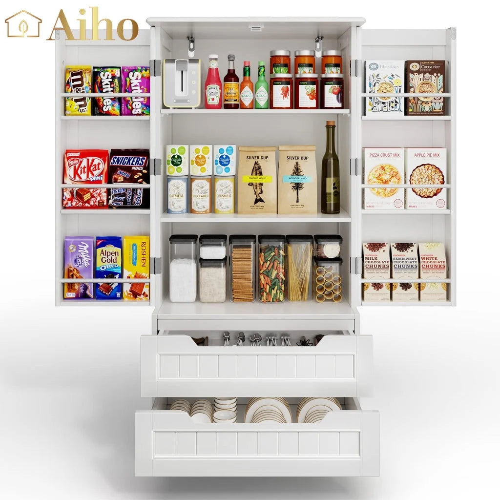 Aiho Storage Cabinet with 2 Doors & 2 Drawer, Pantry Cabinet for Kitchen, Studio, Living Room - White