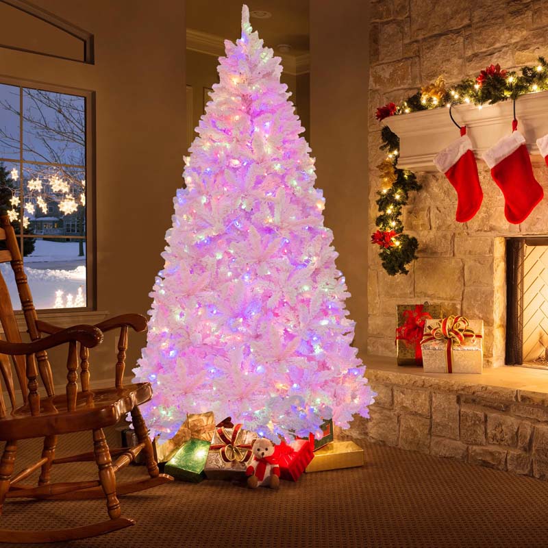 7 FT Pre-lit Pink Artificial Christmas Tree, Hinged Snow Flocked Holiday Tree with 1200 Tips, 500 Multi-Color LED Lights & 8 Modes for Home Decor
