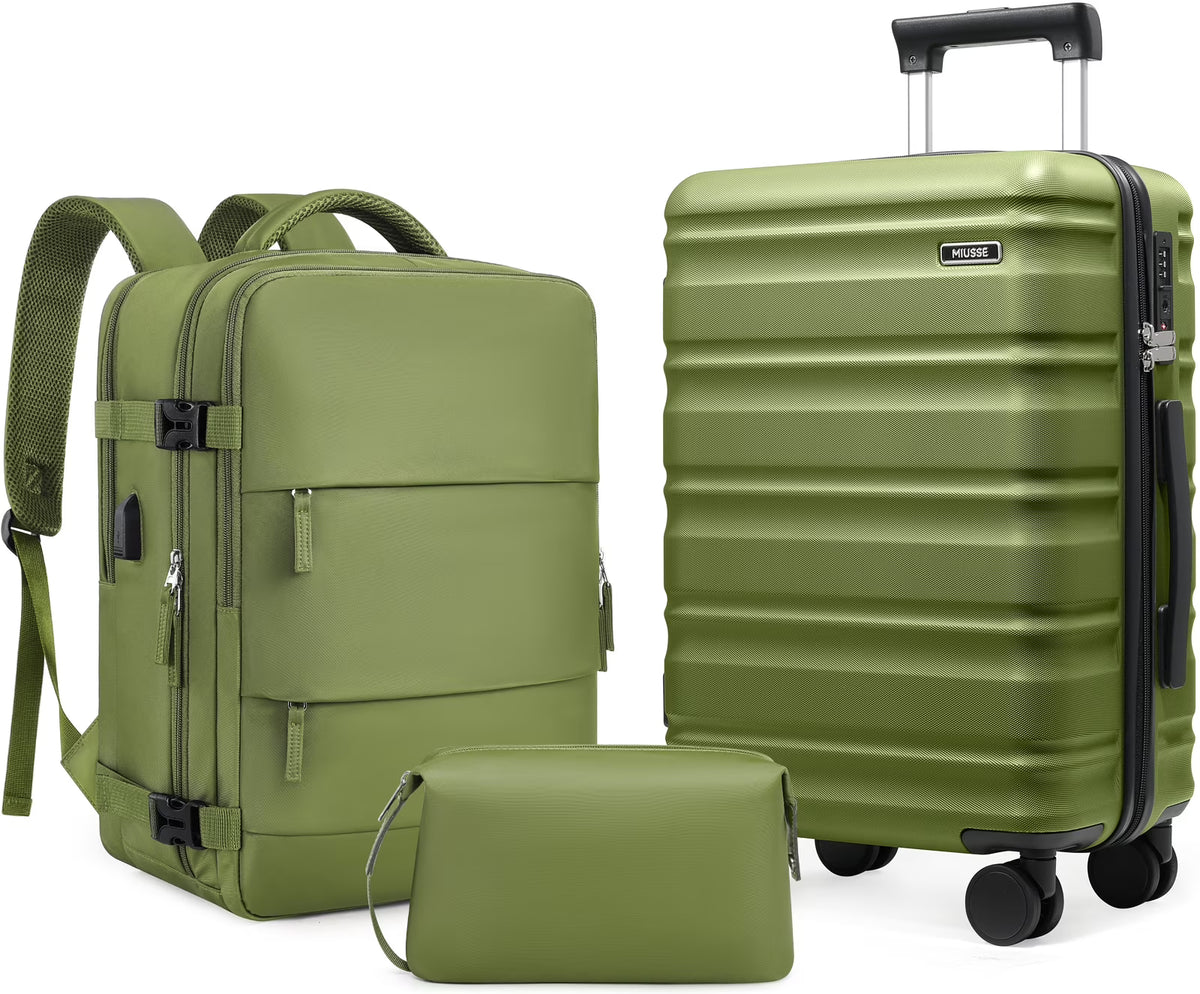 MIUSSE Luggage Sets 3 Piece, 20 in Carry on Luggage with Wheels, 100% PC Hardshell Suitcase with TSA Lock, Carry on Suitcases Airline Approved with Travel Backpack for Men Women