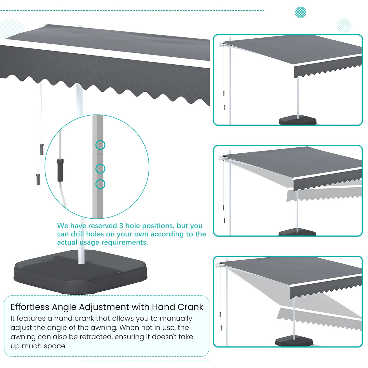 AECOJOY Free Standing Retractable Awning, 10'x8' Patio Awnings Outdoor Manual Sun Shade Shelter, Dark Grey