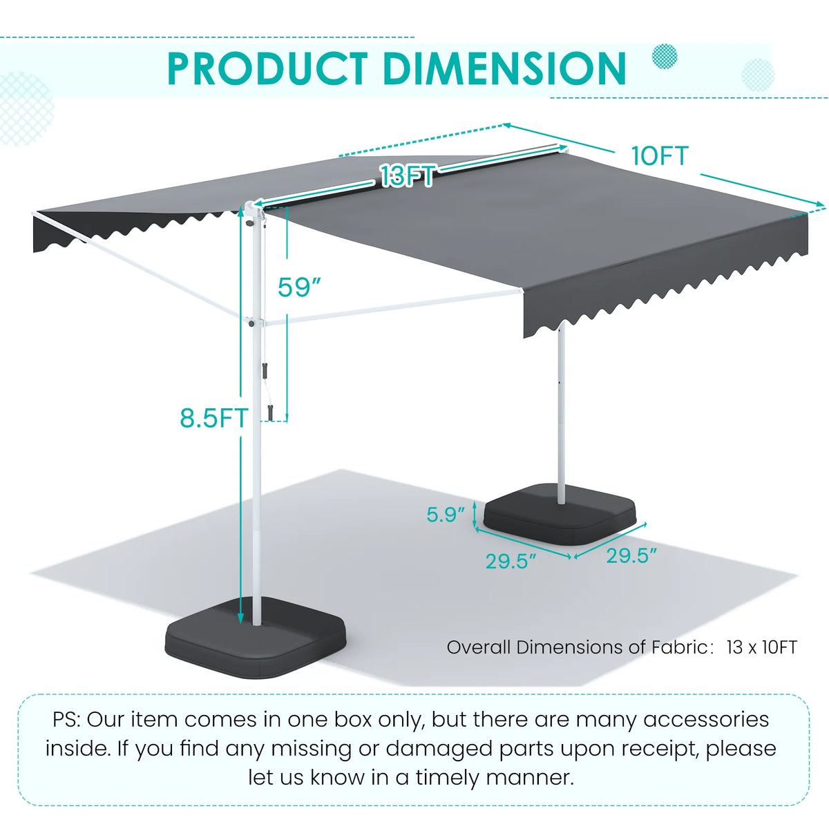 AECOJOY Free Standing Retractable Awning, 13'x10' Dual Side Patio Awnings Outdoor Manual Sun Shade Shelter, Dark Grey