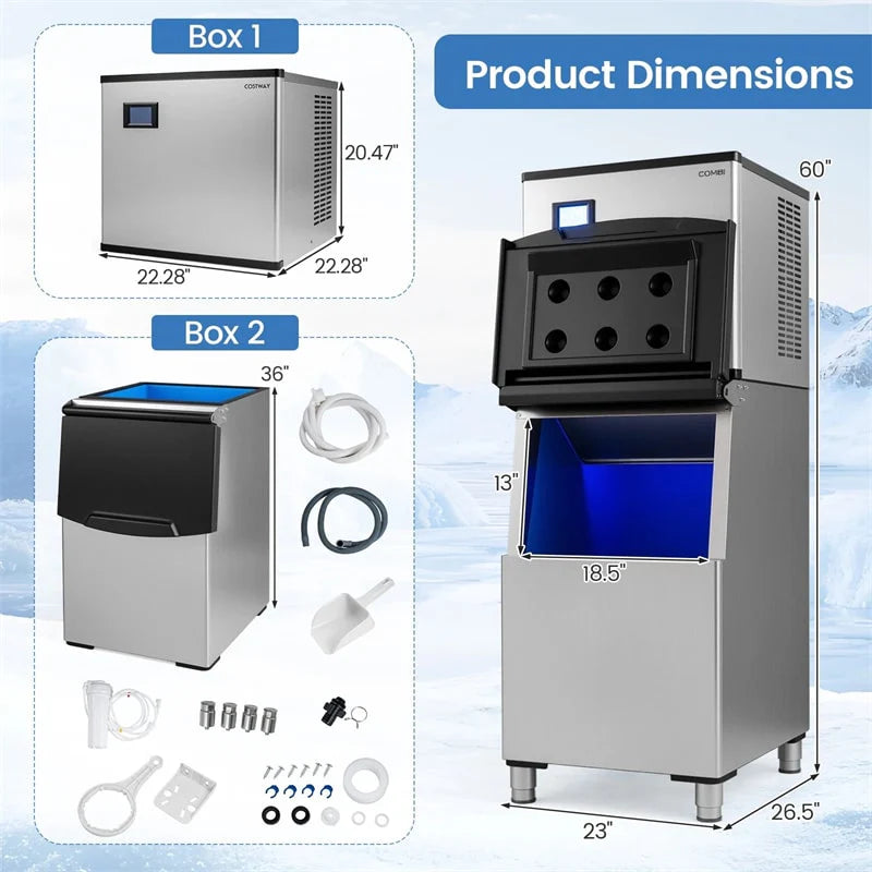 450 LBS/24H Commercial Split Ice Maker, Stainless Steel Ice Machine with 250 LBS Storage Bin, Self-Cleaning & Air Cooled for Restaurant Bar Cafe Hotel