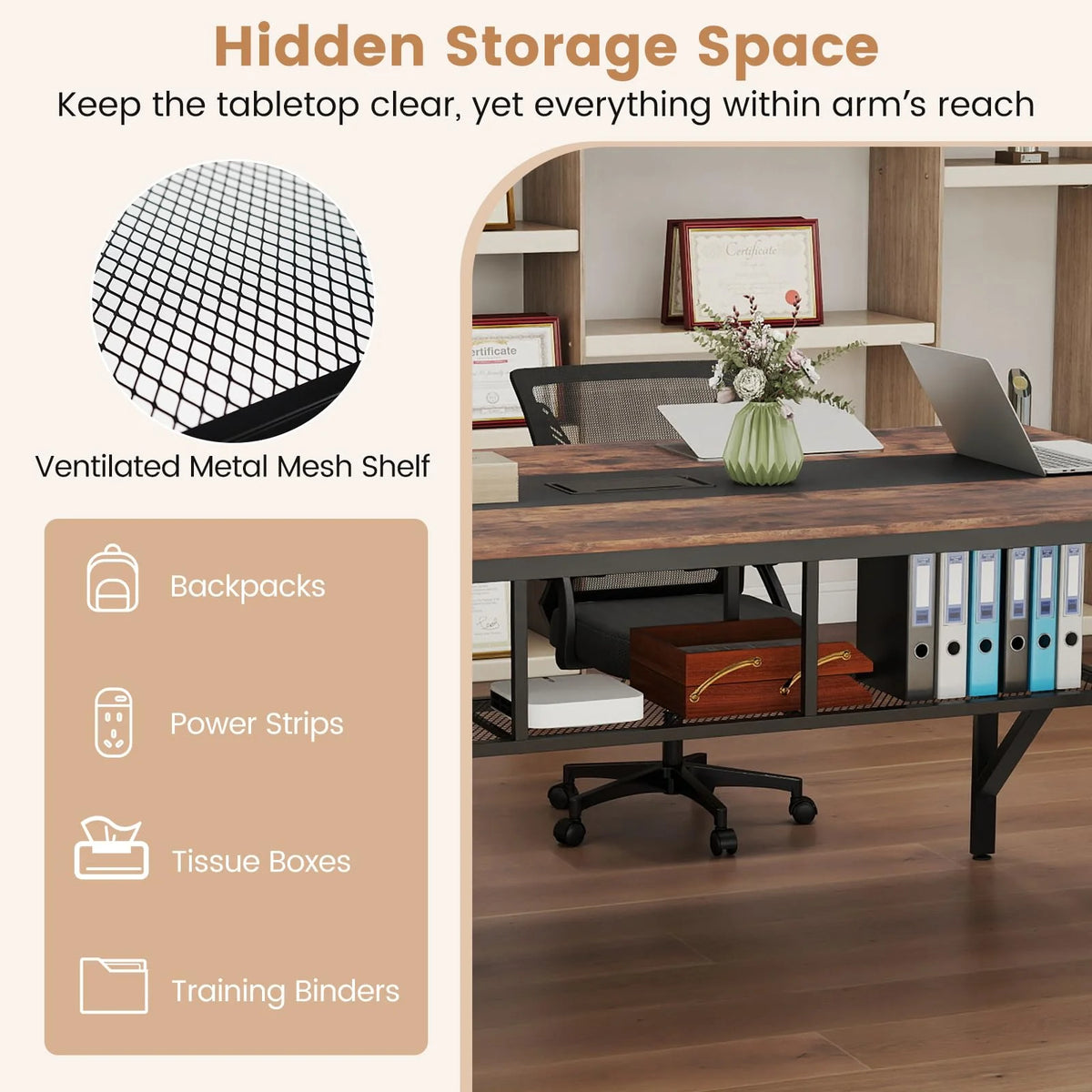 Tangkula Rectangular Meeting Table with Mesh Storage Shelf & Cable Grommet for 6-8 People