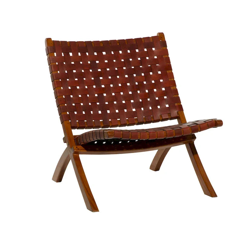 Woven Leather Folding Chair with Brown Wood Frame - Available in Black or Brown - Roche River Decor