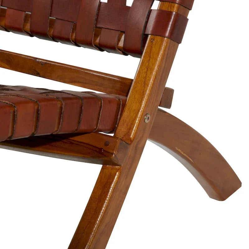 Woven Leather Folding Chair with Brown Wood Frame - Available in Black or Brown - Roche River Decor