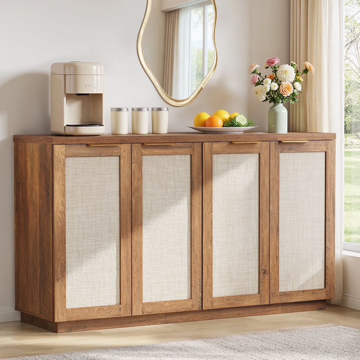 Hommpa Sideboard Buffet Cabinet Rattan Kitchen Storage Organizer with 5 - Position Adjustable Shelf & 2 Doors Boho Farmhouse Accent Cabinets TV Console for Living Dining Room Coffee Bar