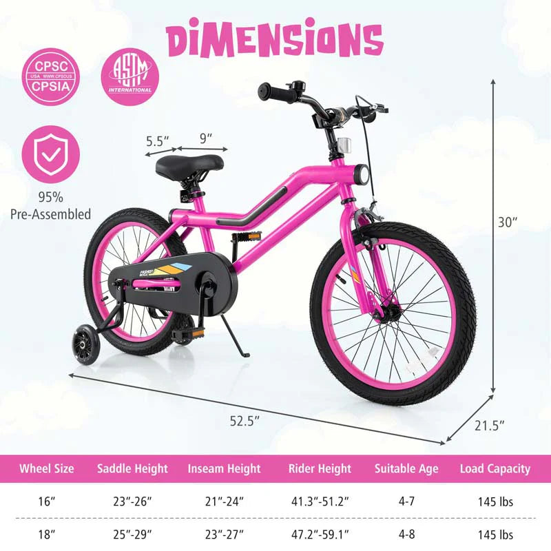 16/18 Inch LED Lighted Kids Bike with Training Wheels, Headlight, Adjustable Seat & Dual Brakes, Children Bicycle for Ages 4-8 Years