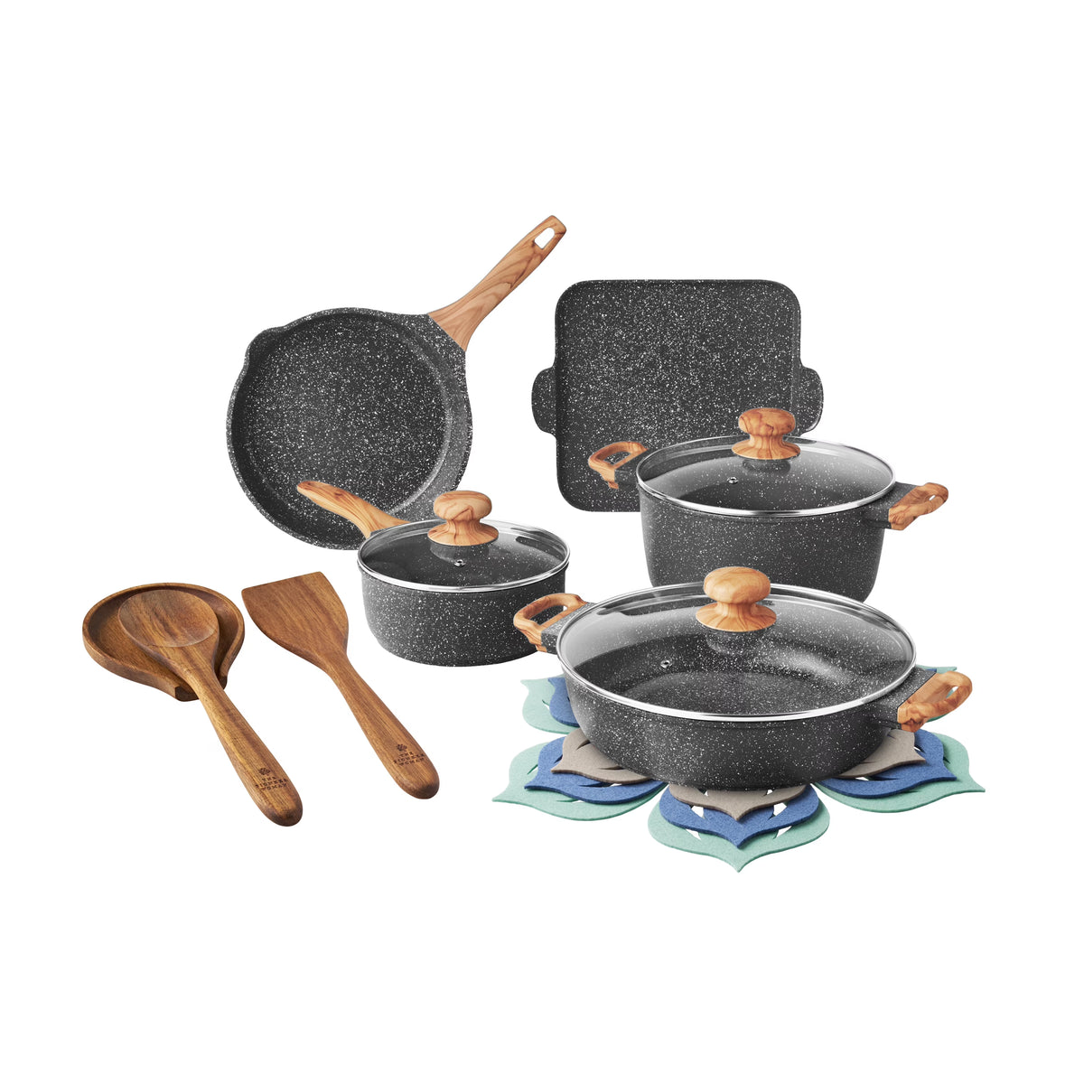 The Pioneer Woman Prairie Signature 14 - Piece Cast Aluminum Cookware Set, Brown Speckle