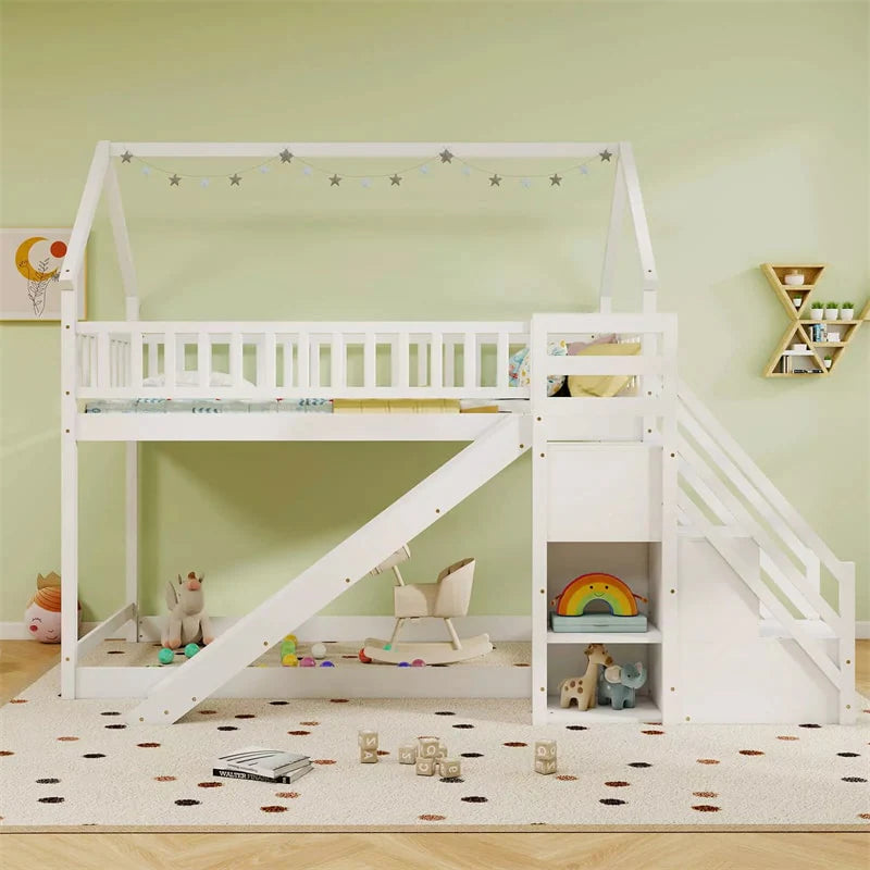Twin Over Twin Bunk Bed House Design with Slide, Staircases & Storage Compartments, No Box Spring Needed, Wood Twin Floor Bed for Kids Teens