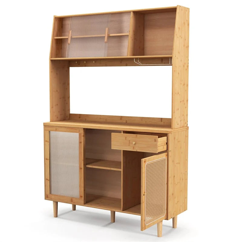 69" Tall Bamboo Kitchen Pantry Hutch Cabinet, Freestanding Buffet Sideboard with Rattan Door, Wine Storage & Microwave Countertop for Coffee Bar